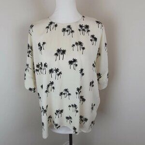 H&M Womens Ladies Floral Blouse Top Size 16 White Palms Short Sleeve Viscose